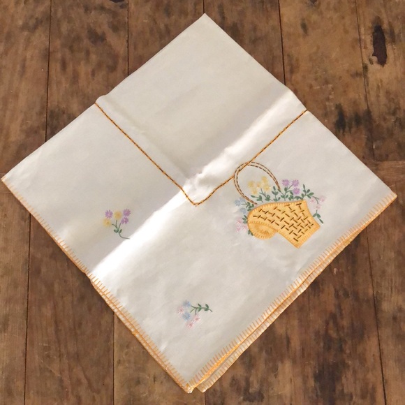 Vintage Handmade and Hand Embroidered Card Table Cloth with Flowers & Baskets - Picture 2 of 16